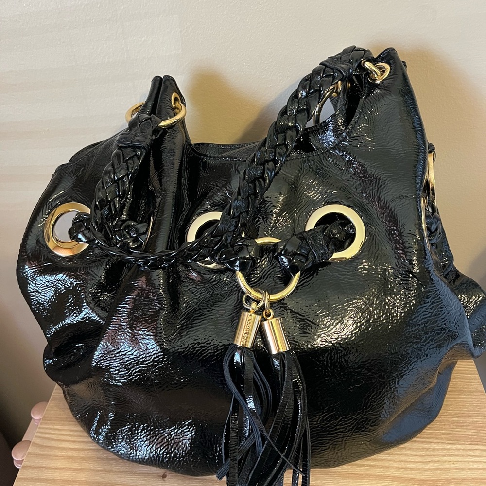 Michael Kors Black Patent Leather Crinkle Shoulder Hobo Bag Purse